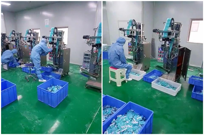 湖南可孚醫(yī)療科技發(fā)展有限公司車間-工作人員正在測試抑菌粉自動(dòng)包裝機(jī)-小袋食品藥品粉末包裝機(jī)生產(chǎn)